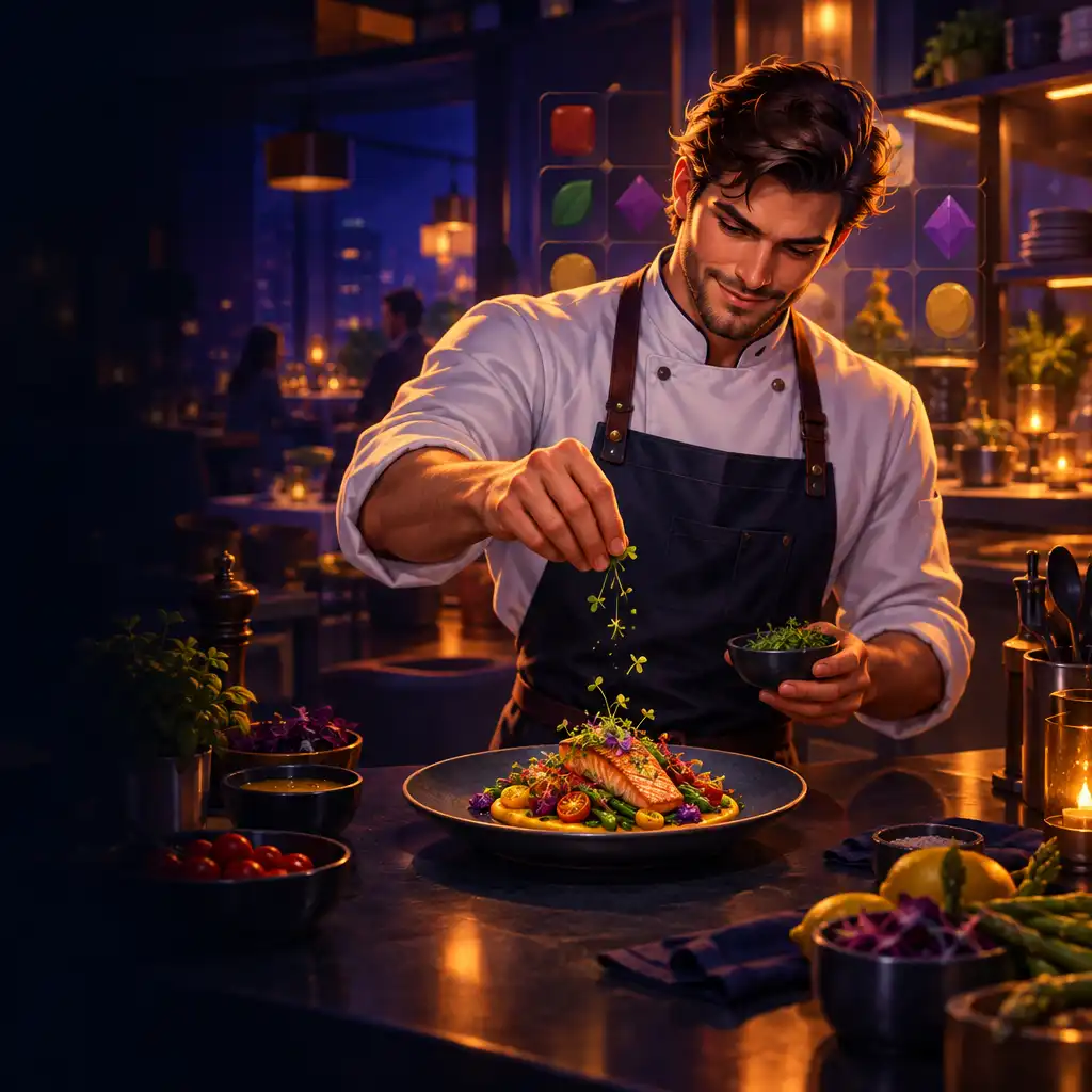 Kucharz przygotowujący danie w nocnej, stylizowanej kuchni restauracyjnej