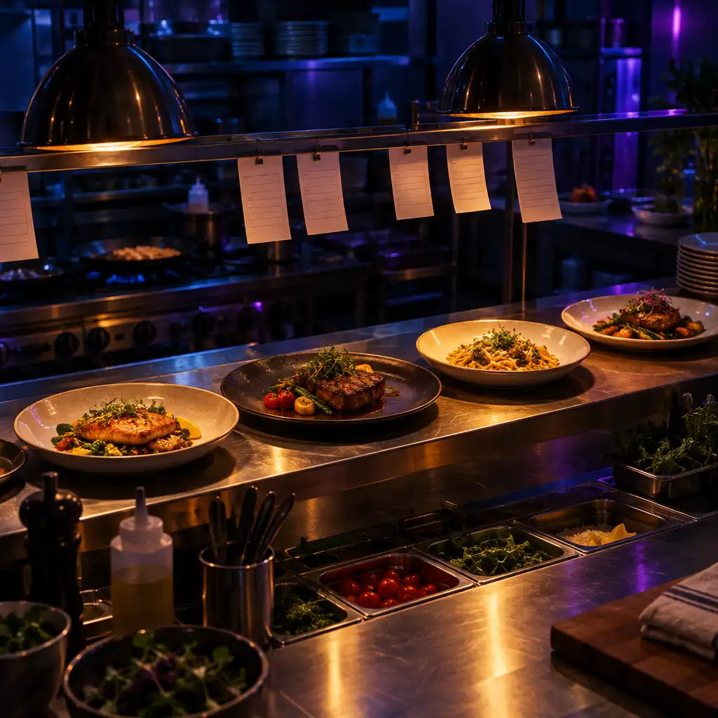 Uporządkowane zamówienia i talerze na nocnej ladzie restauracyjnej