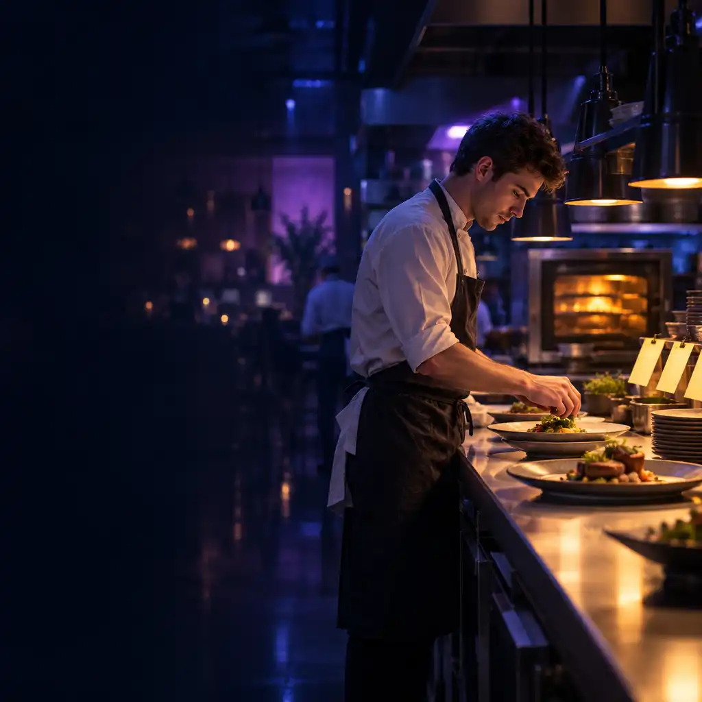 Nocna restauracja podczas intensywnej, uporządkowanej obsługi