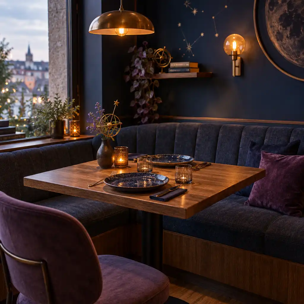 Przytulny stolik w restauracji z bursztynowym światłem i granatową ścianą