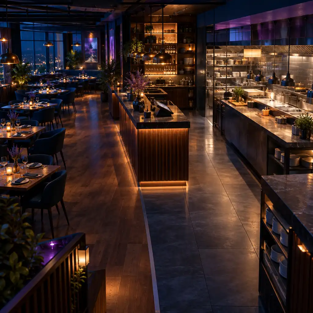 Szerokie wnętrze restauracji z salą, punktem obsługi i otwartą kuchnią