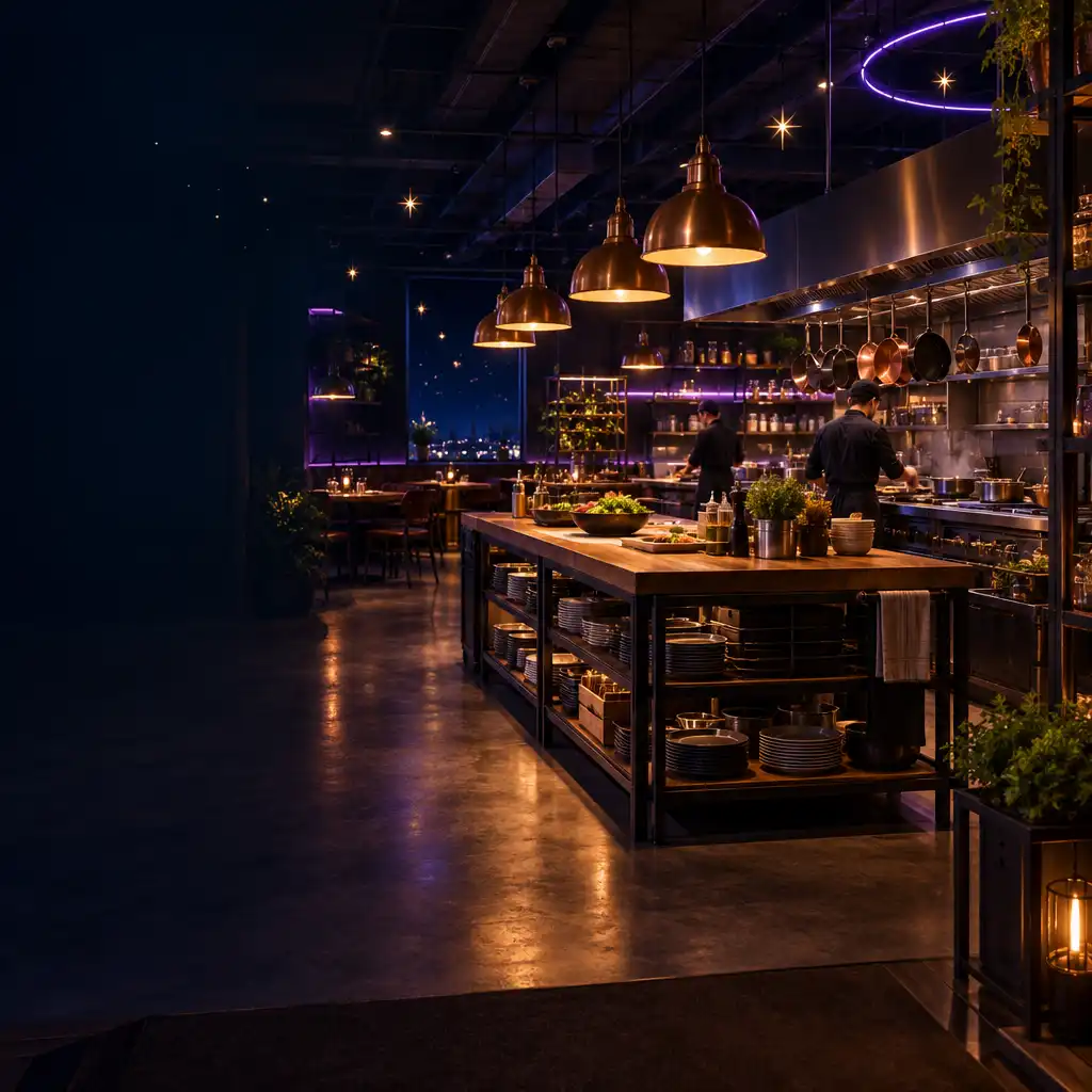 Nocne wnętrze restauracji z ciepłym światłem nad strefą obsługi