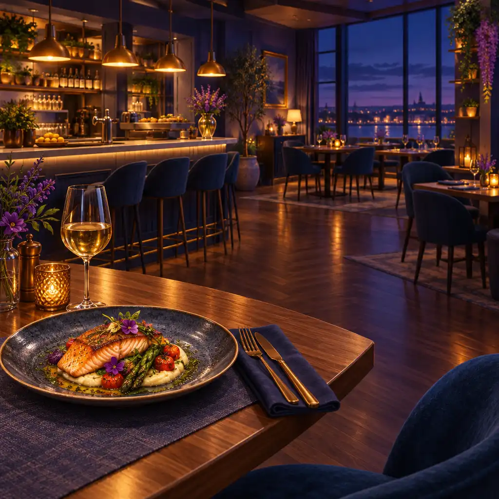 Nastrojowe wnętrze restauracji z podanym daniem i ciepłym oświetleniem
