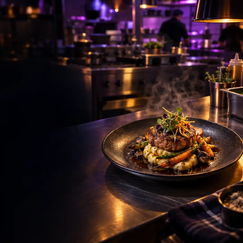 Nocna kuchnia restauracyjna z gotowym daniem na ciemnym talerzu